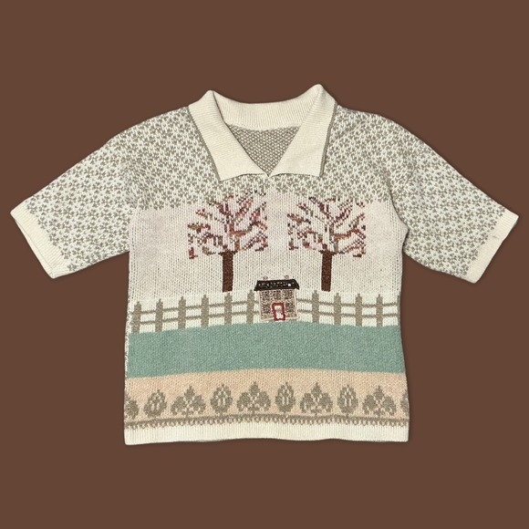 Sweaters - Vintage 90s Cottagecore Short‎ Sleeve Polo Knit Sweater Cream Tan - Size Medium